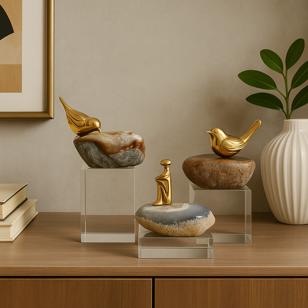 Golden Harmony on Agate Stone with Crystal Stand