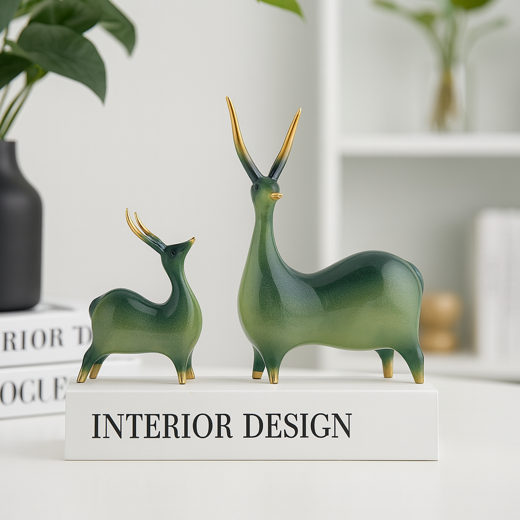 Elegant Green & Gold Resin Deer Figurines