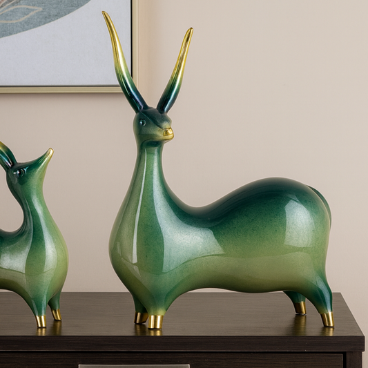Elegant Green & Gold Resin Deer Figurines