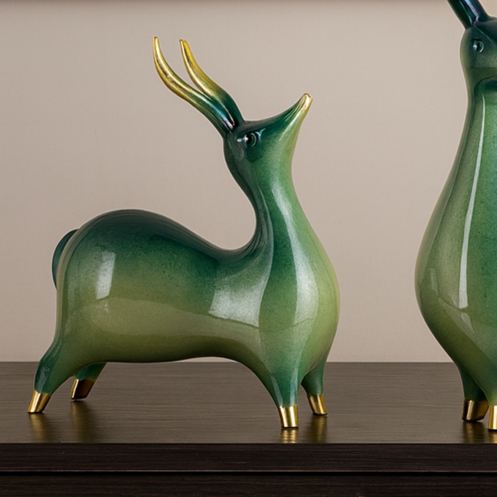 Elegant Green & Gold Resin Deer Figurines
