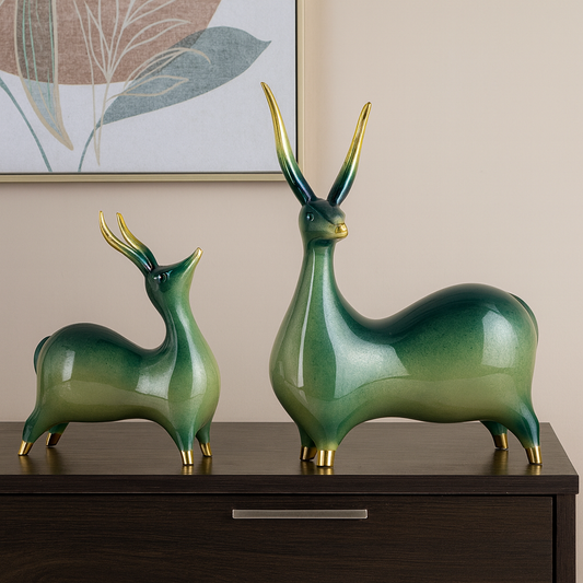 Elegant Green & Gold Resin Deer Figurines
