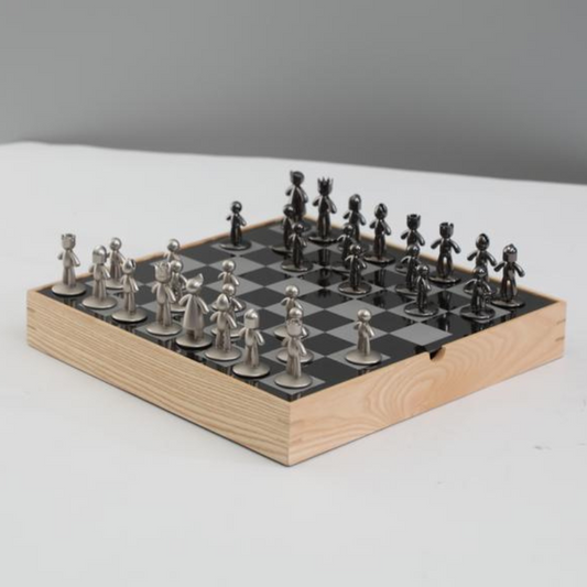 Modern Metal Chess Set with Wooden Base