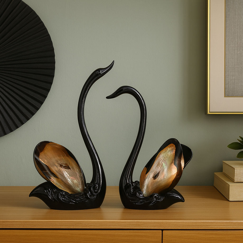 Elegant Black Swan Figurines with Natural Shell Wings